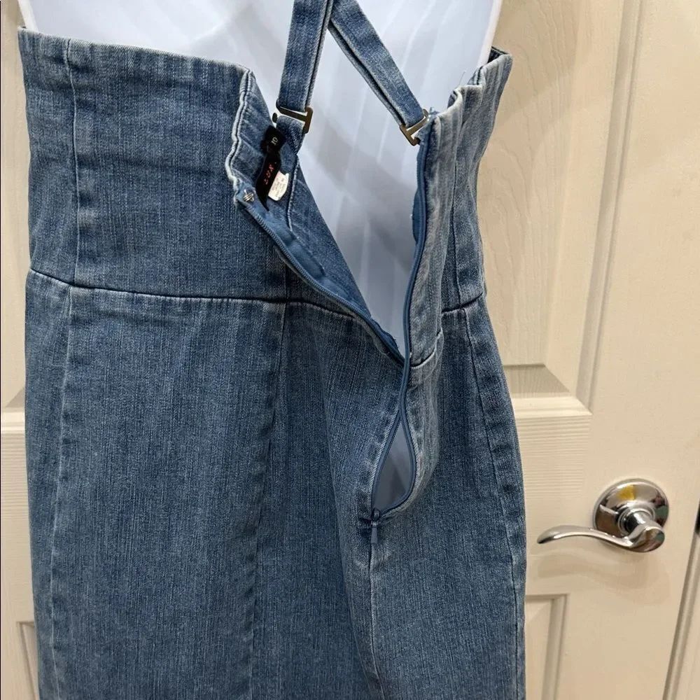 Lux Blue Denim Mini Dress Adjustable Straps Size 10 Square Neck Slit Back - Picture 8 of 12